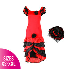 LADIES RUMBA DRESS AND FLOWER HEADPIECE SPANISH FLAMENCO FANCY DRESS COSTUME