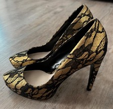 Ladies No1 Jenny Packham Shoes Size 4 Gold & Black Lace Effect Stiletto Heel