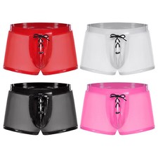 UK Wet Look Mens Patent Leather Boxer Shorts Swimwear Drawstring Trunks Clubwear