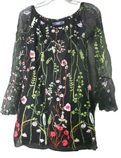Womens Size Medium Mini Dress Black Embroidered Floral Bell Sleeve Shear Fairy