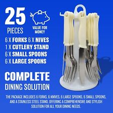 NEW 24PC CREAM CUTLERY SET STAINLESS STEEL STAND FORKS SPOONS HOLDER KITCHEN