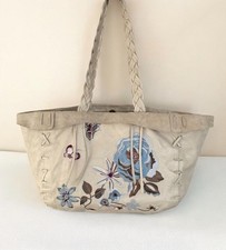 Cream beige leather rose butterfly embroidery Roberta Gandolfi vintage tote bag