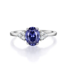  Hand Made Ladies 925 Sterling Silver Oval Cut Tanzanite and White Sapphire Ring