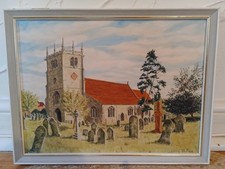 Vintage VILLAGE CHURCH Naive Folk Art Oil Painting - C. M. Roe -70s Outsider Art