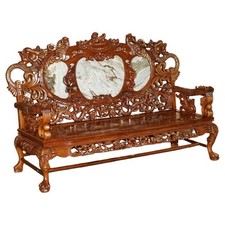 19TH CENTURY ROSEWOOD MARBLE & MOTHER OF PEARL DRAGON CHINESE ORIENTAL BENCH