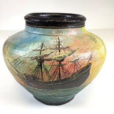 Vtg Signed Pottery Vase Sailing Ships Textured Nautical Marine Detailed 5.5”H