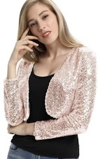 Women’s Elegant Formal Rose Gold Sequin Long Sleeve Evening Party Shrug Bolero-S