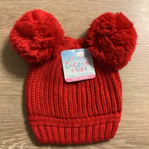 Baby red ribbed knitted - red, bobble