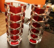 2 VINTAGE FRENCH GLASS VASES LUMINARC DURAND GEOMETRIC DESIGN CRANBERRY LOVELY