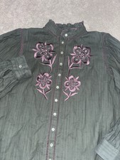 antik batik ANOUKI EMBROIDERED BLOUSE Green/blue Floral Button Collar Puff Sleev