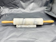 VINTAGE MARBLE ROLLING PIN WITH WOOD HANDLES & STAND PASTRY DOUGH BAKING