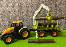 Large Realistic Tractor With Working Lights & Sound + Log Grab Trailer & 4 Logs