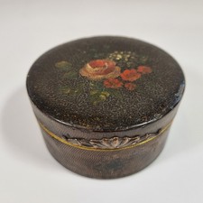 Antique Papier Mache And Brass Circular Box Painted With Flowers 8.5cm