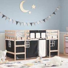 Kids' Loft Bed with Curtains White & Black 80x200cm Solid Wood Pine vidaXL