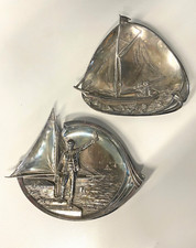 ANTIQUE PAIR CARD TRAY WMF Art Nouveau SILVER PLATED SAILING BOAT 900