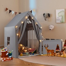 Kids Play Tent Indoor Teepee Tent with Star Lights & Washable Cotton Mat-Gray