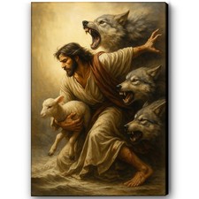 Jesus Protecting The Lamb Canvas Wall Artwork, Christian Poster Religious Decor