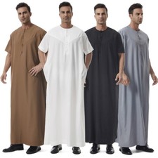 Saudi Men's Thobe Jubba Dishdasha Men Muslim Short Sleeve Kaftan Arab Robe Thoub