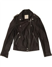 MANGO Womens Leather Biker Jacket UK 6 XS Black Leather DA19