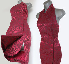 Karen Millen UK 12 Vintage Oriental Style Dark Red Jacquard Halterneck Mini Dres