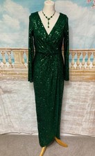 Quiz Maxi Evening Dress 8 Green Sequin  Wrap Style Formal Deco Prom Long Sleeves