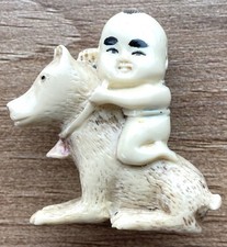 Antique Japanese Netsuke Boy On Dog Resin Figurine 2” H x 1 3/4” L