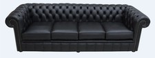 Chesterfield Four Seater Sofa Black Real Italian Leather Handmade UK New