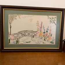 Vintage framed   Needle Work garden bridge and garden flowers 58cm x 42cm