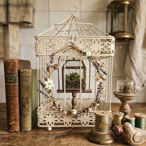 Vintage cream metal bird - vintage,