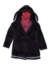 VINTAGE Womens Hooded Faux Fur Overcoat UK 14 Large Navy Blue BL06