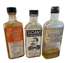 3 ANTIQUE CHEMIST PHARMACY MEDICINE BOTTLES  Sloan's Liniment London W4