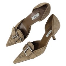 Vintage Prada d'orsay kitten heel buckle pumps logo buckle suede tan beige Y2K
