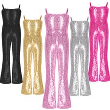 UK Girls Halloween Disco Costume Shiny Sequin Dance Jumpsuits 70s Long Unitards