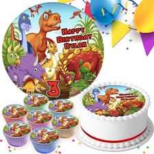 DINOSAUR PERSONALISED BIRTHDAY PARTY EDIBLE CAKE TOPPER & CUPCAKE TOPPERS B065