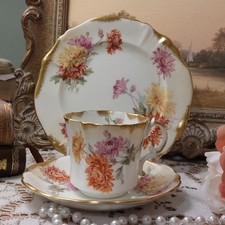 Hammersley Vintage Bone China Cup Saucer Plate Trio Chrysanthemum Sponged Gold