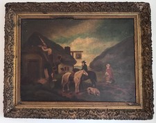 Antique 18thC-early19thC large oil painting figures , horse ,farm animals framed