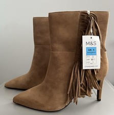 M&S Ankle Boots Size 5 Taupe brown Suede leather Fringed tassel Stiletto shoes