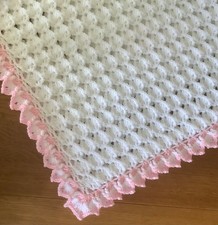 Crochet baby blanket. Handmade. White and pink. Lacy. 100% to charity.