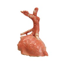 Chinese Hand Carved Coral Miniature Figure, graceful woman holding flower