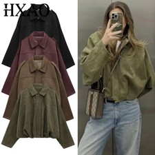 Womens Suede Jacket Cropped Bomber Zipper Long Sleeve Racing Coat Outerwear XS-L