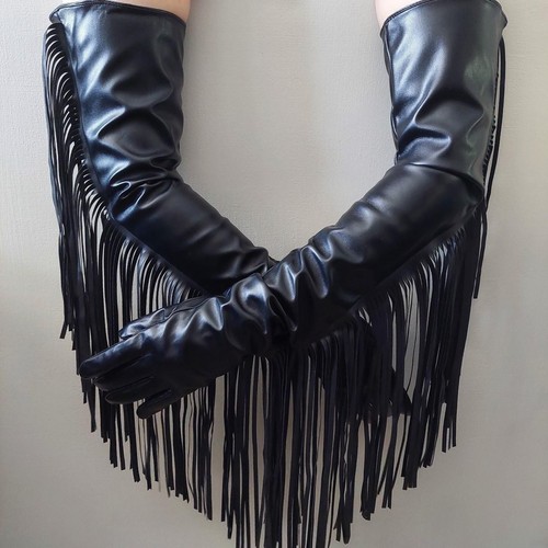 Black leather gloves fringe - black,