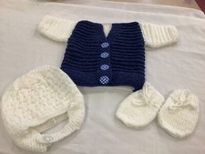 Hand knitted new born blue & white set ( cardigan, bonnet & mitts)