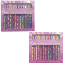 12 Patterned Aluminium Crochet Hooks Set 2-8mm Rubber Handle Knitting Needles