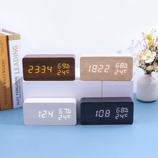 Digital Alarm Clock Wooden LED Clock Time Temperature Calendar USB Alarm Desk