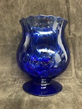 Cobalt Blue Diamond Optic Art Glass Vase Signed Princess House Wave Rim