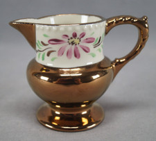 20th Century British Hand Enameled Pink Flower Copper Luster Creamer / Small Jug