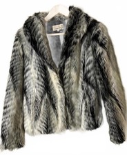 Vintage Boutique Grey, White & Black Faux Fur Coat – Y2K Glam – Size 10