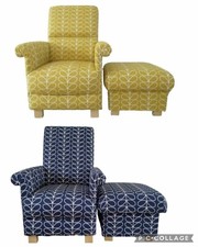 Orla Kiely Fabric Adult Chair & Footstool Linear Stem Dandelion Grey Armchair 