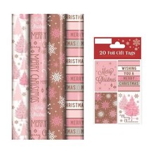 Christmas Gift Wrapping Paper Rose Gold Blush Pink 4 x 8M Rolls + 20 Gift Tags