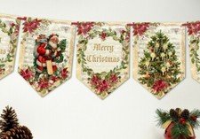 Christmas Poinsettia Vintage Victorian Santa Banner Bunting Decoration